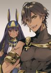  1boy 1girl :d bangs brown_hair closed_mouth dark_skin earrings egyptian eyebrows_visible_through_hair fate/prototype fate/prototype:_fragments_of_blue_and_silver fate_(series) hairband hoop_earrings jackal_ears jewelry looking_at_viewer nakayama_miyuki nitocris_(fate/grand_order) open_mouth ozymandias_(fate) purple_hair smile teeth violet_eyes yellow_eyes 