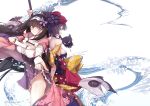  1girl 2girls back-to-back bare_shoulders beauty_love black_hair blue_eyes breasts calligraphy_brush fate/grand_order fate_(series) flower hair_flower hair_ornament highres hood japanese_clothes katsushika_hokusai_(fate/grand_order) kimono large_breasts long_hair looking_at_viewer low_twintails medium_breasts multiple_girls octopus osakabe-hime_(fate/grand_order) outstretched_arm paintbrush short_hair twintails twitter_username violet_eyes waves 