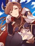  1girl blush_stickers brown_eyes brown_hair cape clouds cloudy_sky eyebrows_visible_through_hair gloves granblue_fantasy hair_ornament hairband hood looking_at_viewer navel nozomu144 sky smile solo song_(granblue_fantasy) wind 