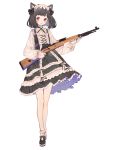  1girl :d absurdres animal_ears bangs black_dress black_footwear blouse blunt_bangs blush dress frilled_dress frills full_body gun hairband highres holding holding_gun holding_weapon long_sleeves looking_at_viewer open_mouth original red_eyes rifle rosette_(roze-ko) shoes short_hair simple_background smile socks solo standing weapon weapon_request white_background white_blouse white_legwear 