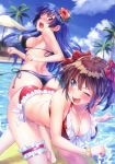  2girls :d ;o absurdres artist_request ass ass-to-ass bent_over bikini black_bikini blue_hair blue_sky blush bow breasts brown_hair cleavage day flower frill_trim frilled_bikini frills hair_bow hair_flower hair_ornament highres large_breasts leg_garter multiple_girls one_eye_closed open_mouth original outdoors red_bikini scan scrunchie short_twintails side-tie_bikini sideboob sky smile sparkle swimsuit twintails wet wince wrist_scrunchie 