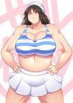  1girl blush breasts brown_eyes brown_hair cleavage curvy embarrassed girls_und_panzer hat highres huge_breasts long_hair looking_at_viewer murakami_(girls_und_panzer) muscle muscular_female plump sailor_hat shimejix shiny shiny_skin solo sweat 