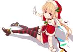  1girl absurdres alternate_costume blonde_hair brown_footwear capelet choker dress flandre_scarlet full_body gloves hat highres homo_1121 knees_together_feet_apart looking_at_viewer red_eyes red_hat santa_costume santa_hat shoes short_dress simple_background sitting sketch smile solo striped striped_legwear thigh-highs thumbs_up touhou white_background white_gloves wings 