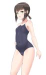  1girl 30-06 black_hair black_swimsuit breasts competition_school_swimsuit covered_navel cowboy_shot fubuki_(kantai_collection) green_eyes highres kantai_collection low_ponytail ponytail school_swimsuit short_hair short_ponytail sidelocks simple_background small_breasts solo swimsuit white_background 