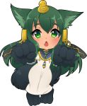  1girl :o alternate_costume animal_ears anubis_(monster_girl_encyclopedia) barefoot blush chibi egyptian eyebrows_visible_through_hair fang fewer_digits full_body green_eyes green_hair hair_ornament highres jewelry long_hair looking_at_viewer monster_girl monster_girl_encyclopedia nashirasauce necklace open_mouth paws robe snake_hair_ornament solo standing tail transparent_background wolf_ears wolf_tail 