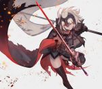  1girl armor armored_dress bag bangs black_cape black_dress black_legwear blonde_hair breasts cape chains commentary_request dress eyebrows_visible_through_hair fate/grand_order fate_(series) flag fur_trim gauntlets gloves grey_background grin headpiece highres holding holding_flag holding_sword holding_weapon jeanne_alter jeanne_d&#039;arc_(alter)_(fate) jeanne_d&#039;arc_(fate)_(all) lack large_breasts outstretched_arms parted_lips ruler_(fate/apocrypha) short_hair simple_background smile solo standing standing_on_one_leg sword thigh-highs torn_cape weapon 