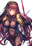  1girl armor bodysuit breasts covered_navel dual_wielding fate/grand_order fate_(series) gae_bolg highres holding holding_weapon large_breasts long_hair looking_at_viewer pauldrons polearm purple_bodysuit purple_hair red_eyes scathach_(fate/grand_order) shiny shiny_clothes shoulder_armor solo spear tako_seijin veil weapon 