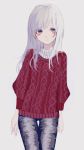  1girl bangs blue_pants closed_mouth cowboy_shot grey_background highres long_hair long_sleeves looking_at_viewer original p2_(uxjzz) pants red_sweater silver_hair simple_background solo standing sweater thigh_gap violet_eyes 