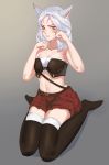  1girl akichen animal_ears bare_shoulders black_legwear breasts brown_eyes cat_ears cleavage closed_mouth collarbone eyebrows final_fantasy final_fantasy_xiv full_body gradient gradient_background highres looking_at_viewer medium_breasts medium_hair miqo&#039;te navel red_skirt simple_background sitting skirt solo thigh-highs wariza white_hair 
