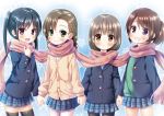  4girls :d black_hair black_legwear blush braid brown_eyes brown_hair character_request child commentary_request copyright_request eyebrows_visible_through_hair green_eyes grin hand_holding jacket long_hair looking_at_viewer multiple_girls open_mouth pantyhose pink_scarf plaid plaid_scarf pleated_skirt ponytail scarf shared_scarf skirt smile snowflake_background thigh-highs twin_braids twintails violet_eyes yukino_minato 