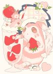  :o absurdres brown_eyes commentary_request drinking_straw flower food fruit furret hair_flower hair_ornament hat hideko_(l33l3b) highres ice_cream leg_garter no_humans parted_lips pokemon pokemon_(creature) sentret simple_background strawberry white_background 
