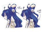  1girl ahoge blue_bow blue_eyes blue_hair blush_stickers bow directional_arrow from_side hair_bow hood hoodie itatatata profile simple_background touhou translation_request upper_body variations white_background yorigami_shion 