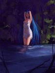  1girl armpits arms_up blue_hair breasts closed_eyes closed_mouth commentary_request dress facing_viewer long_hair medium_breasts noccu original smile solo standing very_long_hair wading water wet wet_clothes wet_dress white_dress 