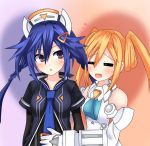  2girls :d =_= ankokuboshi_kurome bare_shoulders blue_neckwear blush braid elbow_gloves g.g._shou gloves hair_ornament hairclip hand_on_another&#039;s_stomach hat jacket leotard long_hair looking_at_another multiple_girls necktie neptune_(series) open_mouth orange_hair orange_heart shin_jigen_game_neptune_vii smile twin_braids twintails violet_eyes 