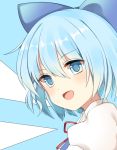  1girl :d blue_eyes blue_hair blush bow cirno hair_bow highres large_bow looking_at_viewer looking_back open_mouth puffy_short_sleeves puffy_sleeves short_hair short_sleeves smile solo touhou yururi_nano 