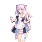 1girl apron argyle bat_wings black_wings dress duster hair_ribbon holding jewelry lavender_hair long_hair miss_barbara necklace official_art patches pointy_ears polka_dot ribbon short_sleeves solo transparent_background two_side_up uchi_no_hime-sama_ga_ichiban_kawaii waist_apron wings 