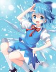 1girl :d black_skirt blue_bow blue_eyes blue_hair blue_shirt bow cirno hair_bow hand_on_hip highres ice ice_wings large_bow looking_at_viewer neck_ribbon open_mouth red_ribbon ribbon ruu_(tksymkw) salute shirt short_hair skirt skirt_set smile socks solo touhou white_legwear wings 