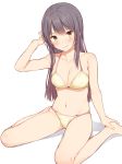  1girl arm_up bangs bare_legs barefoot black_hair blush breasts cleavage full_body hand_on_feet hands_on_feet large_breasts long_hair looking_at_viewer mikazuchi_zeus navel original simple_background sitting smile solo stomach underwear underwear_only wariza white_background yellow_eyes 