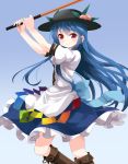  1girl black_hat blue_background blue_hair blue_skirt boots brown_footwear eyebrows_visible_through_hair food frilled_skirt frills fruit gradient gradient_background hat highres hinanawi_tenshi knee_boots leaf long_hair peach puffy_short_sleeves puffy_sleeves rainbow_order red_eyes ruu_(tksymkw) shirt short_sleeves simple_background skirt solo swinging sword_of_hisou touhou v-shaped_eyebrows very_long_hair white_shirt 