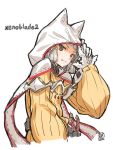  1girl animal_ears bangs blunt_bangs bodysuit cat_ears eyebrows gloves hood looking_at_viewer niyah ribbon saitou_masatsugu short_hair silver_hair simple_background smile solo white_gloves xenoblade xenoblade_2 yellow_bodysuit yellow_eyes 