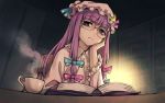  1girl book chair chin_rest cup glasses hair_ribbon hat long_hair looking_at_viewer meimaru_inuchiyo mob_cap nightgown patchouli_knowledge purple_hair ribbon solo table touhou violet_eyes 