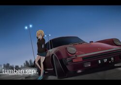  1girl absurdres blonde_hair blue_footwear car erica_hartmann ground_vehicle highres hood hoodie lamppost leaning_back motor_vehicle night porsche_911 scenery short_hair shorts solo strike_witches vitoputr world_witches_series 