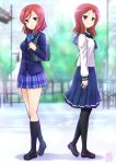  2girls arm_at_side bag bangs black_footwear black_legwear blazer blue_skirt blurry blush breasts brown_footwear closed_mouth collared_shirt commentary_request crossover day depth_of_field full_body head_tilt jacket kamogawa_tanuki kneehighs loafers long_sleeves look-alike looking_at_viewer love_live! love_live!_school_idol_project medium_breasts multiple_girls neckerchief nishikino_maki outdoors pantyhose parted_lips plaid plaid_skirt pleated_skirt railing redhead saki school_bag shadow shirt shoes skirt smile standing striped_neckwear swept_bangs takei_hisa trait_connection tree violet_eyes white_shirt wing_collar 