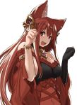  1girl animal_ears anthuria bare_shoulders breasts brown_eyes erun_(granblue_fantasy) granblue_fantasy lefthand long_hair looking_at_viewer medium_breasts paw_pose redhead smile solo upper_body white_background 