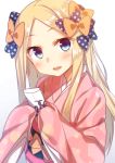  1girl :d abigail_williams_(fate/grand_order) bangs black_bow blush bow breasts commentary_request eyebrows_visible_through_hair eyes_visible_through_hair fate/grand_order fate_(series) forehead hair_bow head_tilt holding japanese_clothes kimono long_hair looking_at_viewer open_mouth orange_bow otoshidama parted_bangs pink_kimono polka_dot polka_dot_bow racer_(magnet) simple_background sleeves_past_wrists smile solo upper_body white_background 