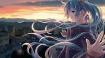  1girl akiyoshi_(tama-pete) aqua_eyes aqua_hair blue_eyes blue_hair city cityscape clouds coat earrings hair_ribbon hatsune_miku jewelry landscape long_hair looking_away outstretched_arms ribbon sad_smile scenery sky solo sunset twintails vocaloid 