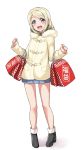  1girl :d ayase_arisa bag black_footwear blonde_hair blue_eyes blue_skirt blush boots coat commentary_request full_body fur-trimmed_coat fur_trim hair_ornament hairpin highres long_hair long_sleeves looking_at_viewer love_live! love_live!_school_idol_project miniskirt open_mouth pigeon-toed pleated_skirt shopping_bag simple_background skirt smile solo standing white_background yopparai_oni 