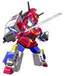  1boy 80s autobot beni_(nikaidera) blue_eyes fighting_stance full_body glowing highres holding holding_sword holding_weapon insignia no_humans oldschool simple_background solo star_saber_(transformers) sword transformers transformers_victory weapon white_background 