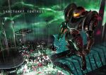  1girl armor cityscape clenched_hand clouds commentary_request dark_suit full_body glowing gun helmet metroid power_armor power_suit rain samus_aran science_fiction signature solo standing text thunder weapon zuma_(zuma_yskn) 