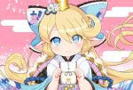  1girl blonde_hair blue_eyes bow charlotta_(granblue_fantasy) crown eyebrows_visible_through_hair eyes_visible_through_hair flipped_hair granblue_fantasy hair_bow harbin hirob816 holding japanese_clothes large_bow long_hair looking_at_viewer otoshidama pointy_ears smile solo upper_body 