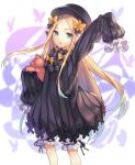  1girl :o abigail_williams_(fate/grand_order) arm_up bangs black_bow black_dress black_hat blonde_hair bloomers blue_eyes blue_hair bow butterfly dress eyebrows_visible_through_hair fate/grand_order fate_(series) forehead gradient_hair hair_bow hat highres long_hair long_sleeves looking_at_viewer mokyu multicolored_hair object_hug orange_bow parted_bangs parted_lips polka_dot polka_dot_bow sleeves_past_wrists solo stuffed_animal stuffed_toy teddy_bear underwear very_long_hair white_bloomers 