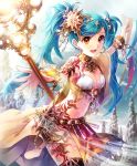  1girl aqua_hair artist_request banner bracelet breasts cleavage crystal cygames earrings eyebrows_visible_through_hair hair_ornament jewelry looking_at_viewer necklace official_art orange_eyes radiant_shaman revealing_clothes shadowverse shingeki_no_bahamut smile solo staff tattoo thigh_strap twintails 