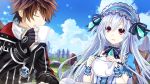  1boy 1girl brown_hair closed_eyes cup fairy_fencer_f fang_(fairy_fencer_f) frills game_cg hairband highres lolita_fashion lolita_hairband long_hair official_art red_eyes ribbon sipping smile tiara_(fairy_fencer_f) tsunako white_hair 