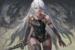  android armlet black_gloves black_shorts blue_eyes cowboy_shot elbow_gloves friendhaircut gloves highres holding holding_sword holding_weapon long_hair nier_(series) nier_automata pink_lips robot_joints short_shorts shorts silver_hair sword tank_top thigh_gap thighs very_long_hair waist weapon yorha_type_a_no._2 