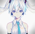 1girl bare_shoulders blue_eyes blue_neckwear collared_shirt grey_background hair_between_eyes hatsune_miku headphones long_hair looking_at_viewer microphone necktie p2_(uxjzz) parted_lips shirt silver_hair solo upper_body vocaloid wing_collar 