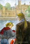  2boys :d artist_name belt blonde_hair city coat edward_elric father_and_son fullmetal_alchemist glasses gloves grey_shirt long_hair looking_at_another looking_back male_focus multiple_boys open_mouth pants ponytail scarf shirt short_hair smile tree twitter_username urikurage van_hohenheim white_shirt yellow_eyes 