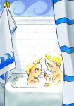  2boys alphonse_elric bath bathing blonde_hair brothers bubble curtains edward_elric fullmetal_alchemist looking_at_another male_focus multiple_boys open_mouth serious siblings smile towel urikurage yellow_eyes 
