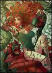 1girl absurdres artist_name batman_(series) black_border border breasts cleavage dc_comics green_eyes green_nails highres large_breasts lipstick long_hair makeup mauricio_mora nail_polish open_mouth parted_lips plant poison_ivy red_lips redhead sharp_teeth sitting solo teeth vines 