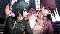  2boys ahoge bangs black_hair collarbone dangan_ronpa eyelashes facial_hair friends gakuran game_cg goatee grin highres jacket jacket_on_shoulders komatsuzaki_rui looking_at_another male_focus momota_kaito multiple_boys new_dangan_ronpa_v3 official_art open_mouth pale_skin pinstripe_pattern purple_hair saihara_shuuichi school_uniform shirt smile spiky_hair striped violet_eyes 