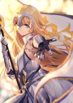  1girl armor armored_dress bison_cangshu blonde_hair blue_eyes blurry chains closed_mouth commentary_request depth_of_field eyebrows_visible_through_hair fate/apocrypha fate/grand_order fate_(series) flag flagpole gauntlets headpiece jeanne_d&#039;arc_(fate) jeanne_d&#039;arc_(fate)_(all) long_hair looking_at_viewer outstretched_arm reaching reaching_out solo yellow_eyes 