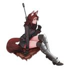  1girl absurdres animal_ears armor black_gloves black_jacket black_legwear boots braid brown_eyes brown_hair closed_mouth commission gloves gun hair_between_eyes highres jacket less lips long_hair original pink_lips simple_background sitting solo tail thigh-highs weapon white_background 