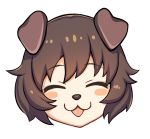  1girl :3 :p akiyama_yukari animal_ears bangs blush brown_hair character_request closed_eyes commentary_request dog_ears eyebrows_visible_through_hair face girls_und_panzer ikomochi looking_at_viewer short_hair simple_background smile snout solo tongue tongue_out white_background 
