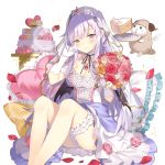  1girl bat_wings black_wings blush bouquet breasts cake cleavage dress eyebrows_visible_through_hair flower food gloves hand_on_own_cheek heart heart_pillow holding holding_bouquet jewelry lavender_hair leg_garter long_hair looking_at_viewer miss_barbara neck_garter official_art pendant petals pillow pointy_ears rose_petals sheep sitting smile solo tears transparent_background uchi_no_hime-sama_ga_ichiban_kawaii veil violet_eyes wedding_cake white_gloves wings wiping_tears 