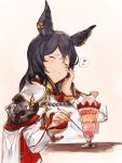  1girl black_hair cape closed_eyes colored earrings erun_(granblue_fantasy) food fruit granblue_fantasy hair_between_eyes hand_on_own_cheek heart highres ice_cream ilsa jewelry long_hair signature simple_background smile solo spoon strawberry sundae table yashigaras 