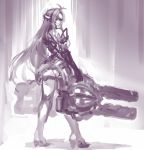  1girl android ass bare_shoulders breasts elbow_gloves expressionless forehead_protector gloves gun kos-mos_re: large_breasts leotard long_hair looking_at_viewer monochrome negresco solo standing thigh-highs very_long_hair weapon white_leotard xenoblade xenoblade_2 xenosaga 