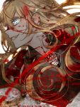  1girl blood blood_on_face bloody_clothes blue_eyes burning_eye chino_machiko grin hair_between_eyes jacket lyza made_in_abyss parted_lips pink_lips profile sharp_teeth smile solo teeth upper_body whistle white_background 